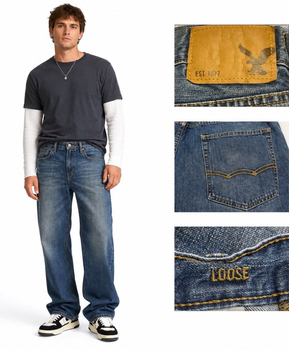 Y2K Indie Sleaze American Eagle Loose Bootcut Jeans Size 36x34 Medium Wash 2000s